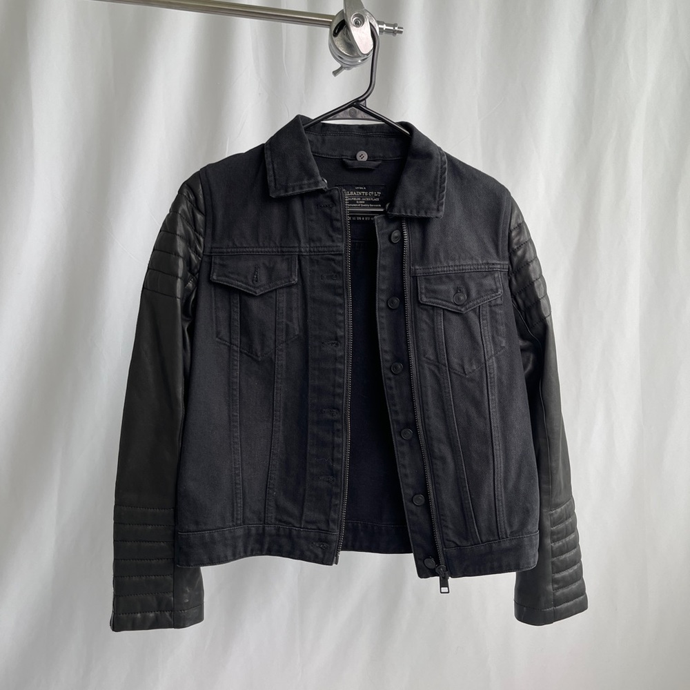 All Saints Black Denim Jacket with Leather Sleeves Size 8